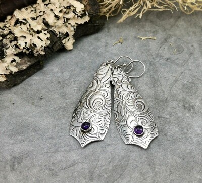 Arabesque Shaped Sterling Silver Earrings with Bezel set Amethyst cabochon / Gifts for Her / Precious Metal / Dangle Earrings