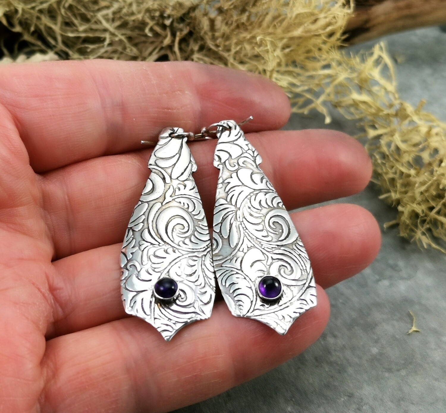 Arabesque Shaped Sterling Silver Earrings with Bezel set AAA Amethyst cabochon / Gifts for Her / Precious Metal / Dangle Earrings