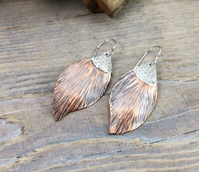 Flower Petals - Hand Hammer Texture Mixed Metal Copper Earrings with Gilded Solder, Gifts for Her