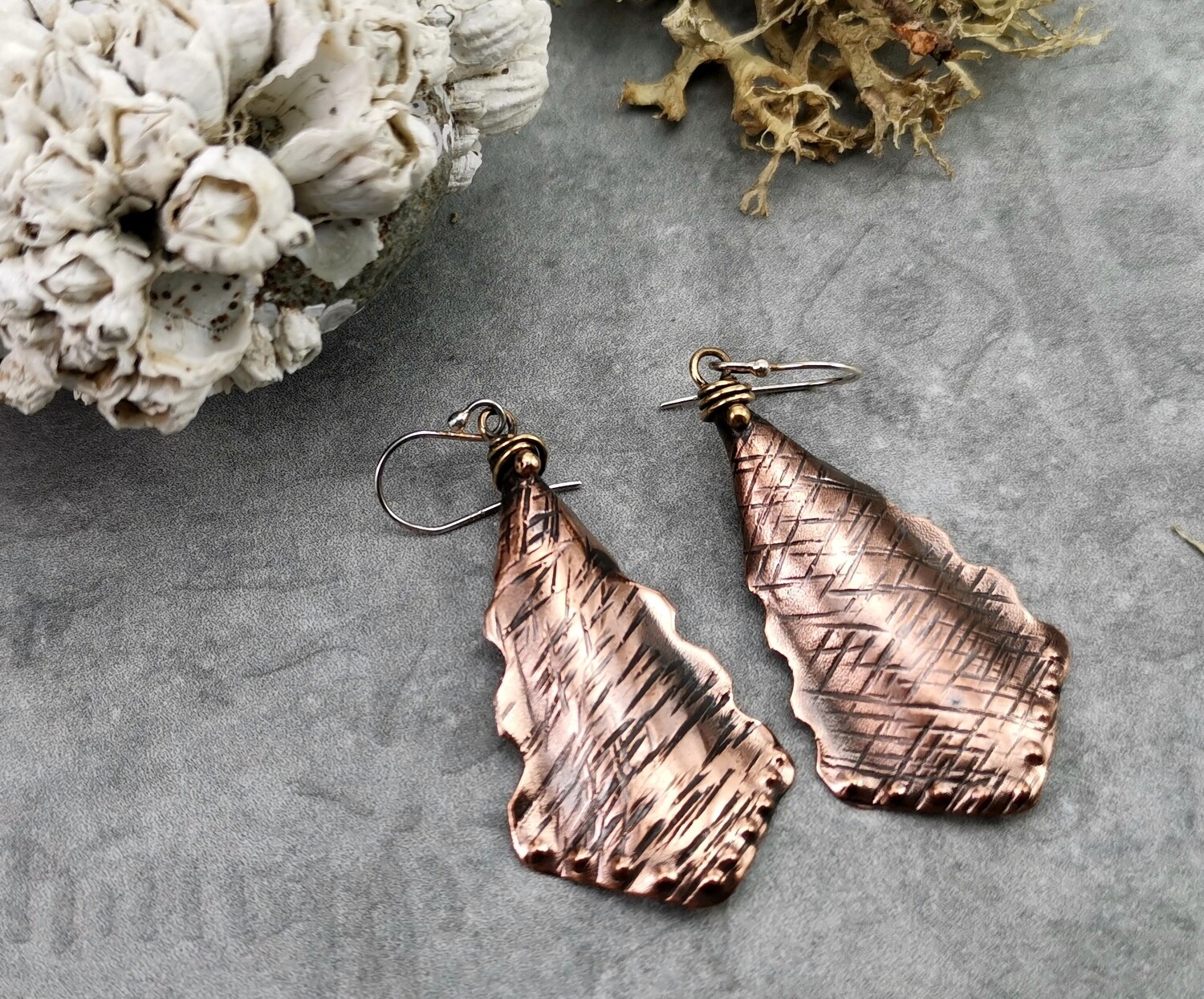 Dangle Copper Earrings with wire-wrapped Brass
