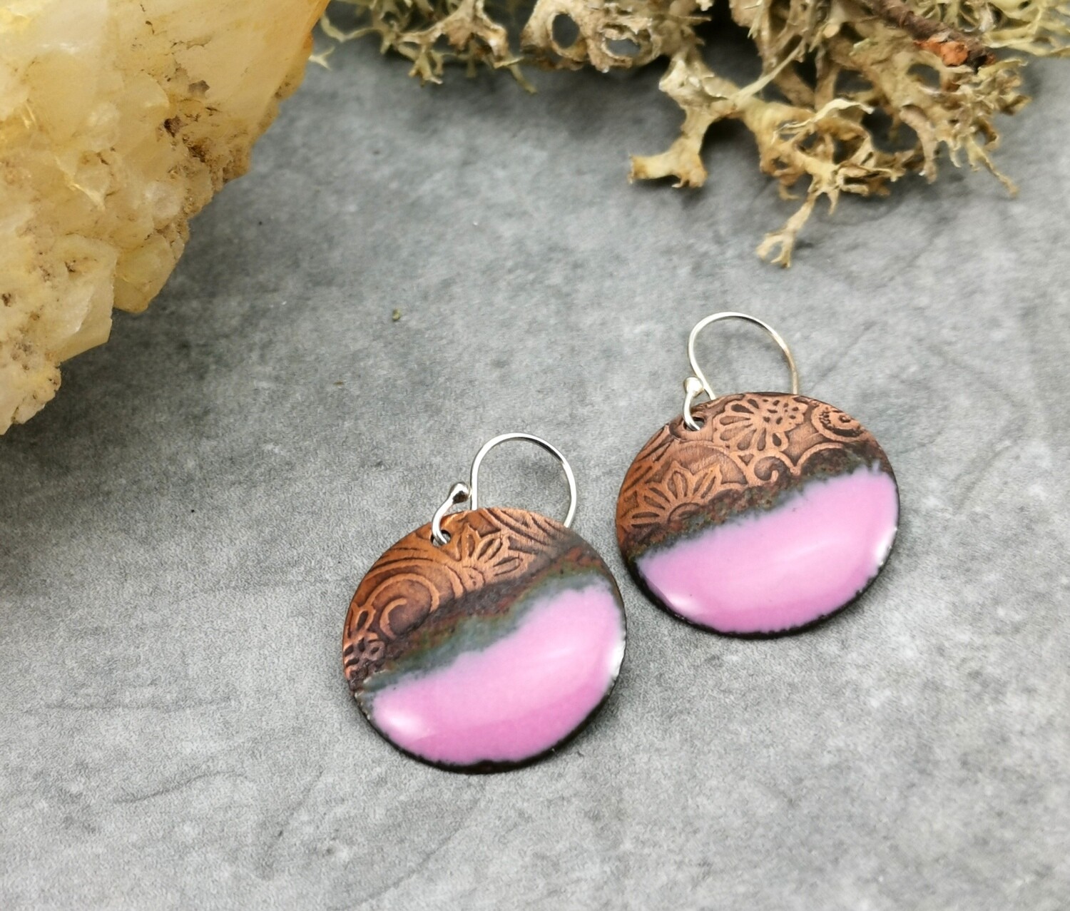 Patterned Copper Earrings with Pink Torch Fired Enamel, Gifts for Her, Gifts for Woman, Gifts, Handmade Fashion Jewelry