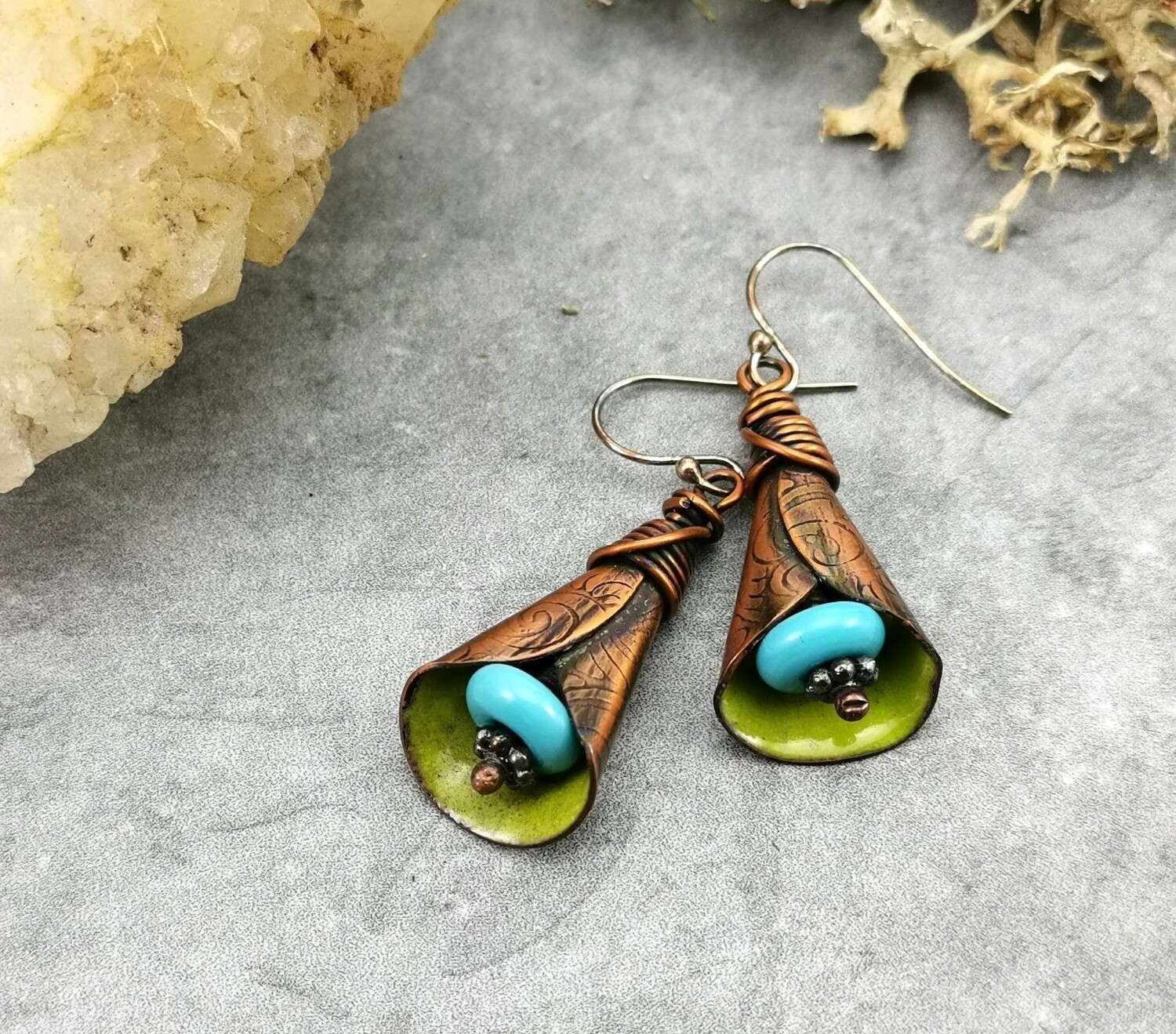 Rustic Enamel and Copper Lily Earrings Blue Lampwork Bead