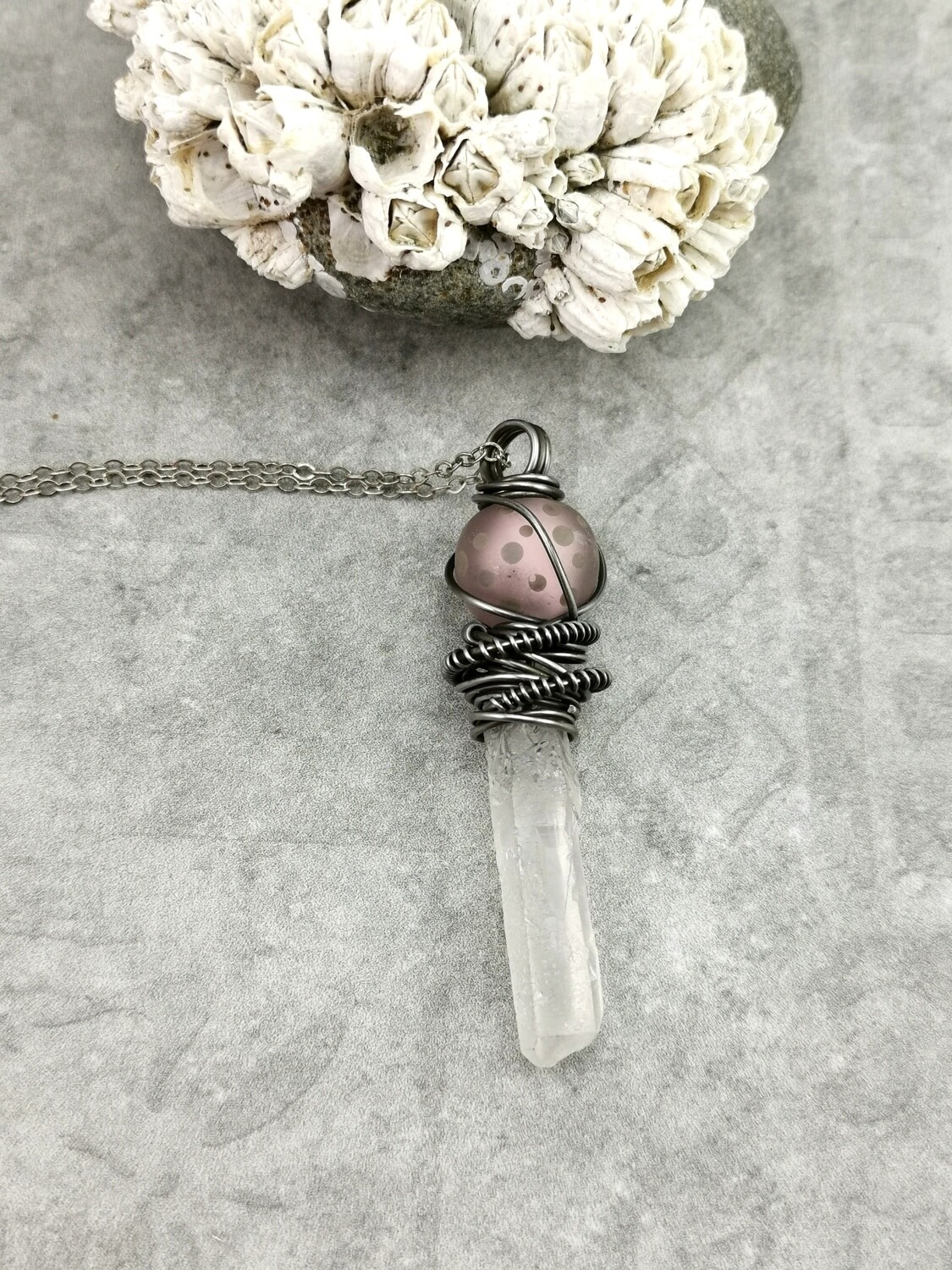 Crystal Healing, Crystal Quartz Points, Quartz Healing Stones, Reiki, Meditation, Lampwork, Crystal Pendant, Steel Wire Wrapped, Steel Wire, Pendant, Necklace, Gifts for Her, One of a Kind