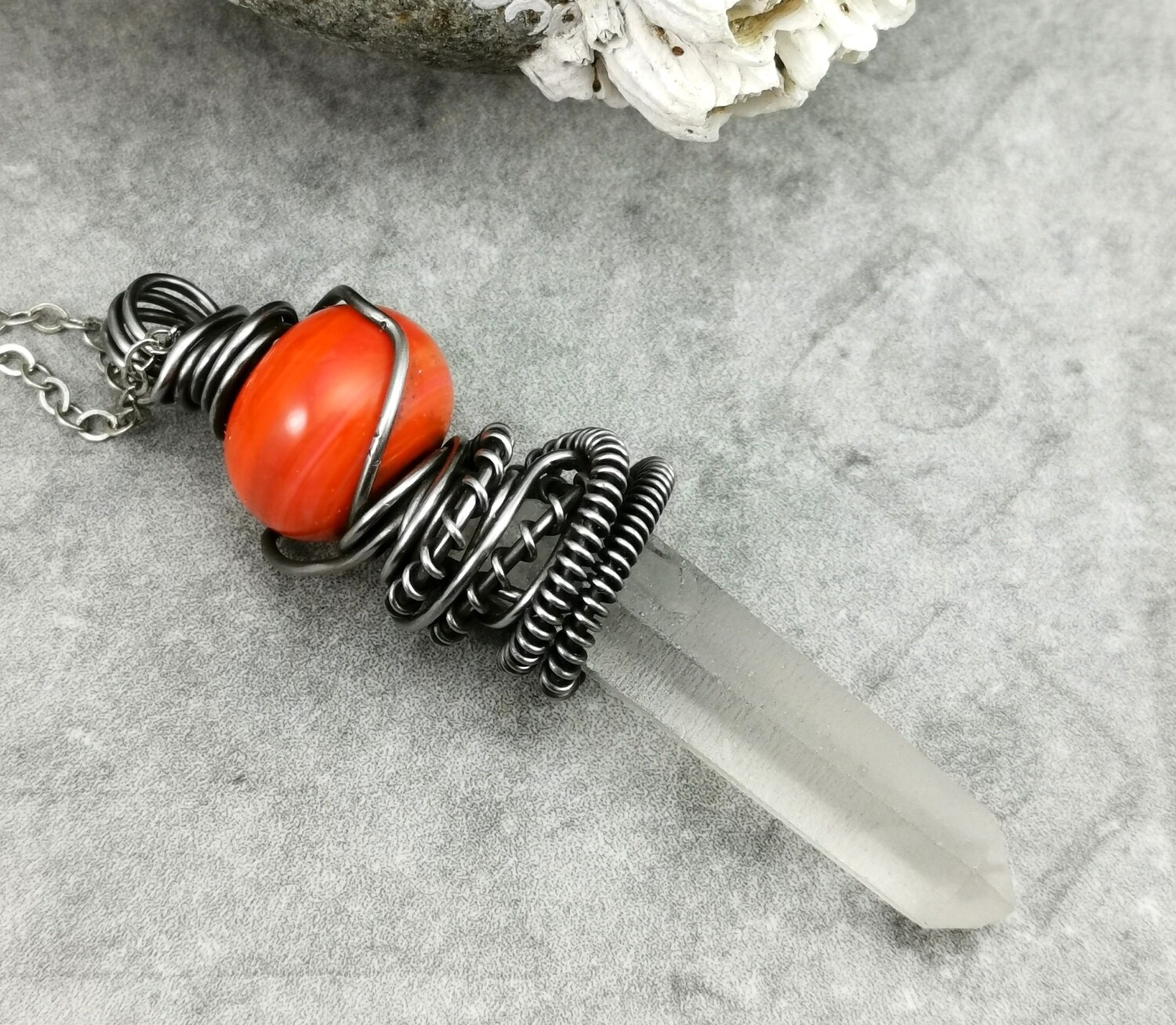 Crystal Healing, Crystal Quartz Points, Quartz Healing Stones, Reiki, Meditation, Lampwork, Crystal Pendant, Steel Wire Wrapped, Steel Wire, Pendant, Necklace, Gifts for Her, One of a Kind