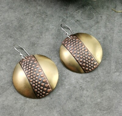 Brushed NuGold Brass Earrings with Soldered Patterned Copper