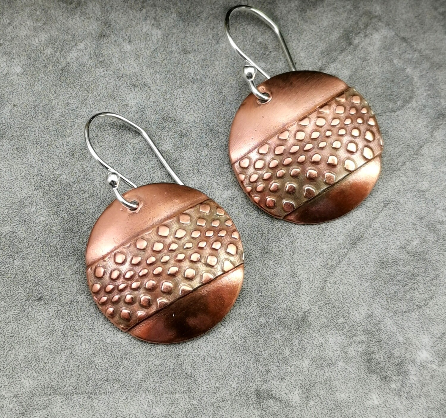 Brushed Copper Earrings with Patterned Copper Soldered Across Center