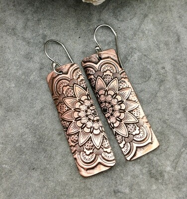 Mandala Rectangle Copper Earrings 