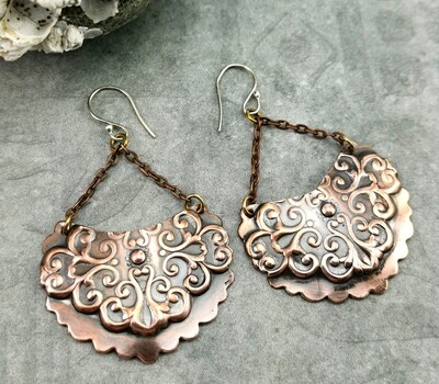 Swirl Textured Copper Earrings / Scroll Bohemian Earrings / Dangle Earrings / 7th Anniversary / Gifts for Mom / Gifts for Her