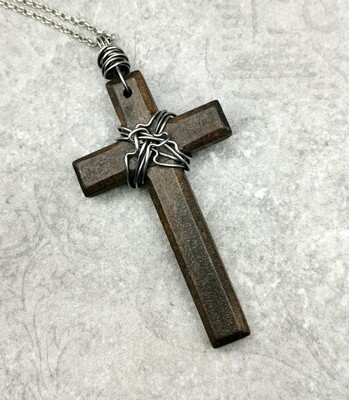 Wire Wrapped Wood Cross Pendant, Cross Necklace, Wood Cross Pendant