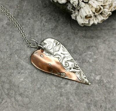 Mixed Metal Art Pendant with Patterned Leaf Swirl Silver on Copper Heart