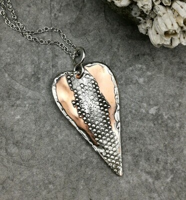 Mixed Metal Art Pendant with Patterned Silver Dots on Copper Heart