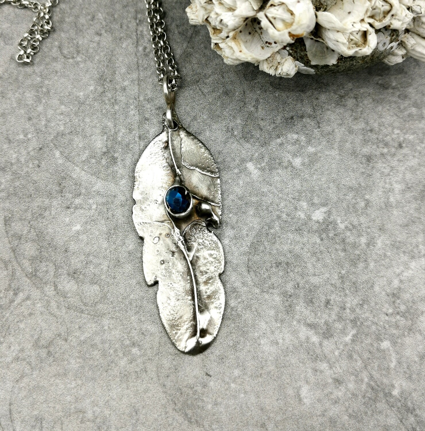 Silver Feather Pendant Blue beaded Feather Necklace