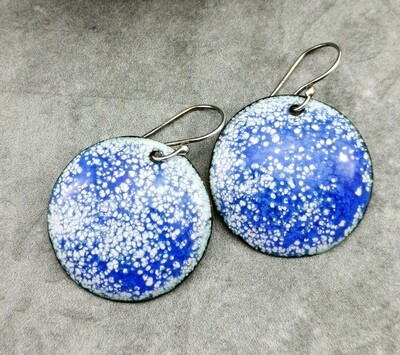 Round Enameled Earrings Blue White Enamel Jewelry