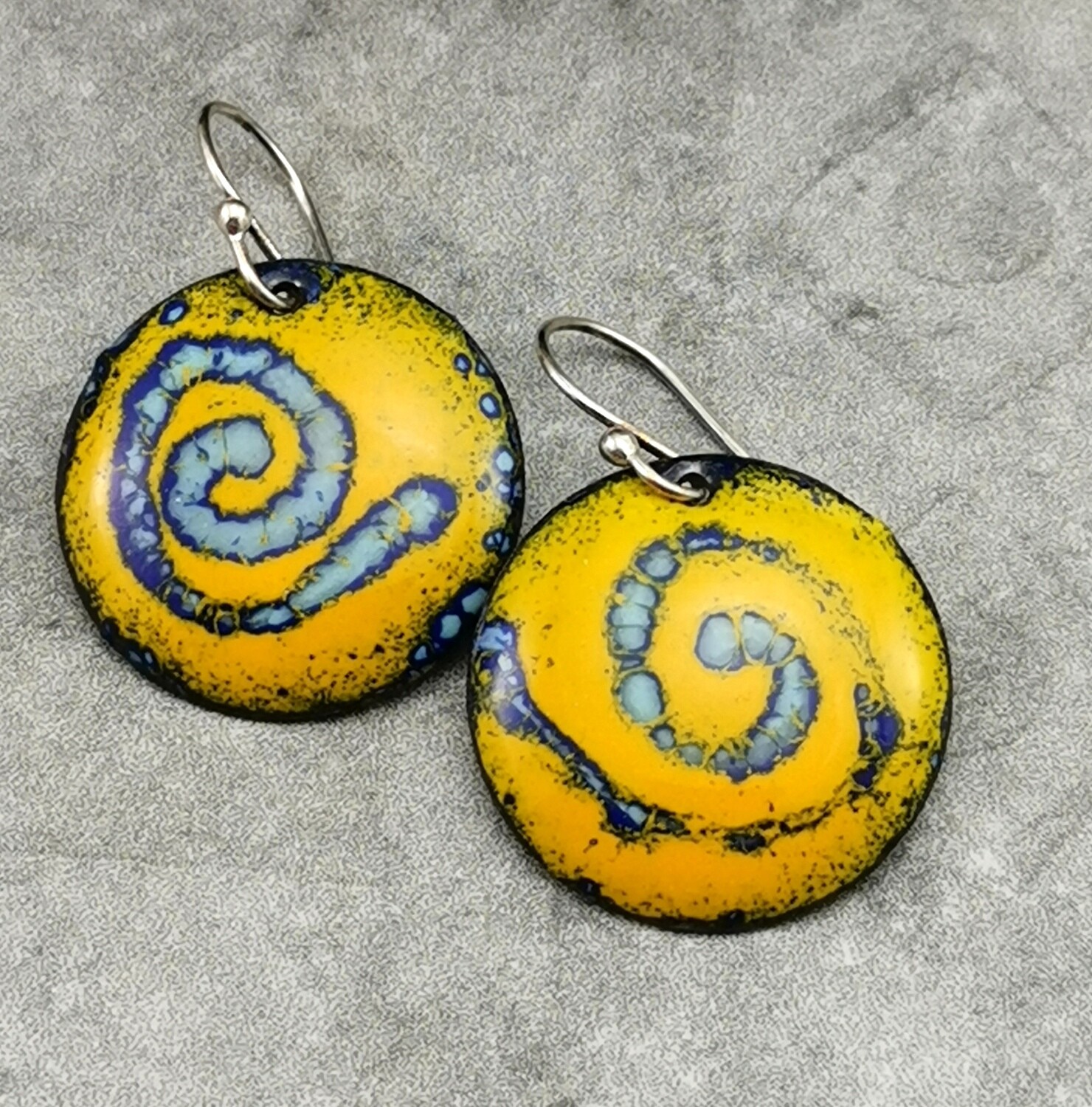Round Marigold and Blue Sgraffito Enamel Earrings
