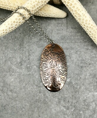 SUNFLOWER Patterned Wide Oval Copper Pendant