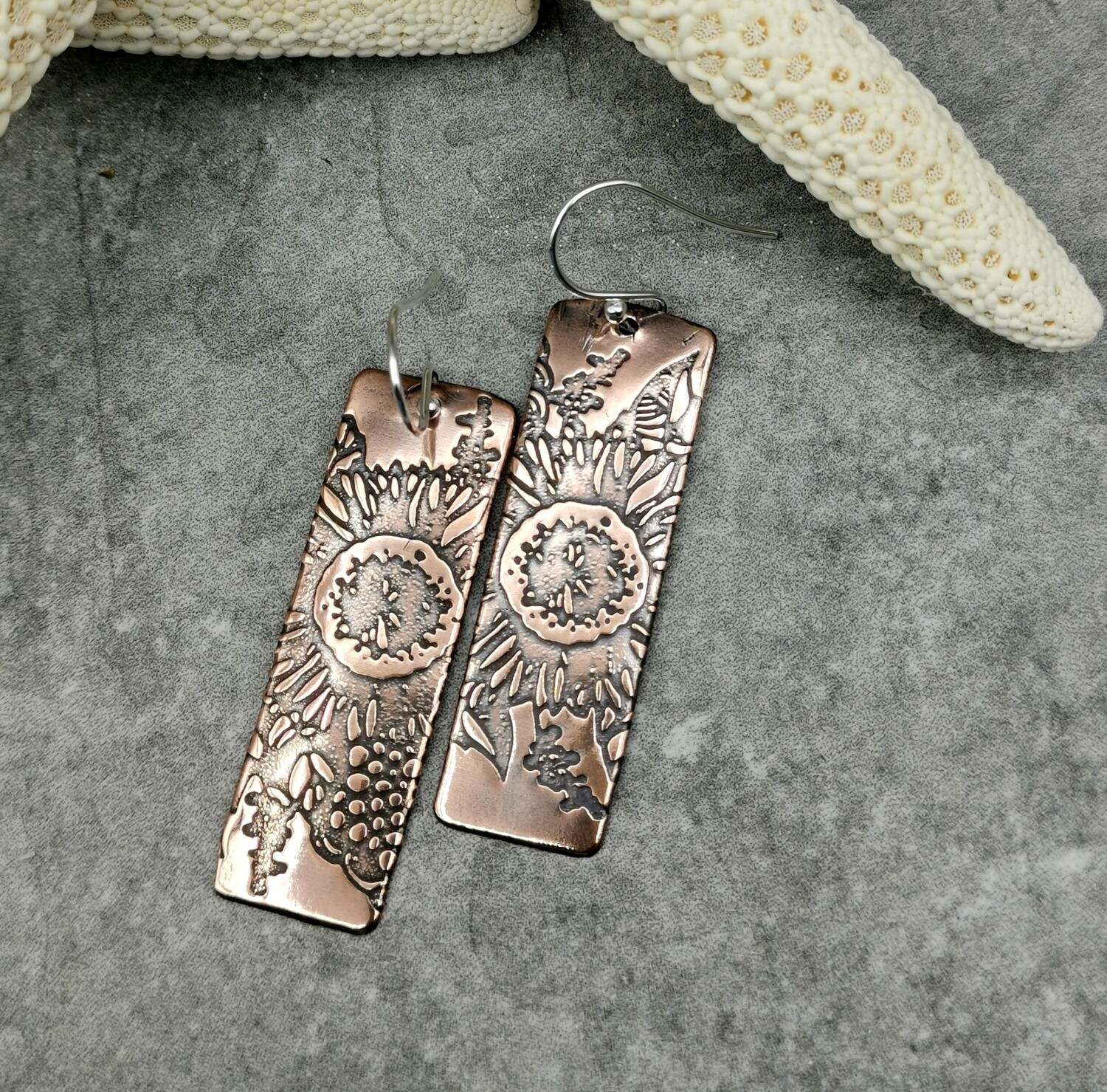 SUNFLOWER Patterned Rectangle Copper Earrings