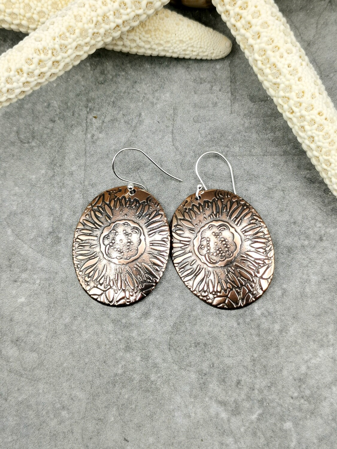 SUNFLOWER Patterned Wide Oval Copper Earrings