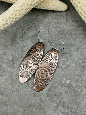 SUNFLOWER Patterned Long Oval Copper Earrings