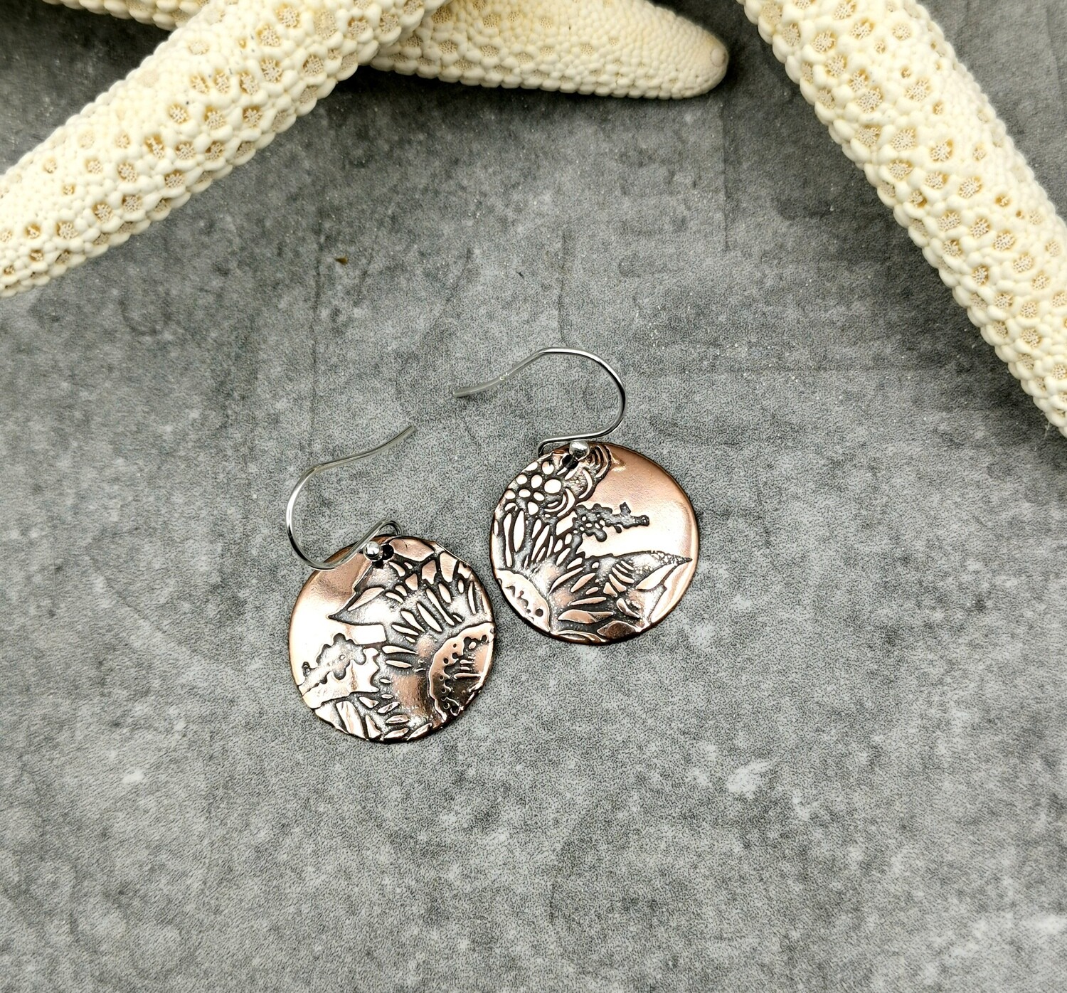 SUNFLOWER Patterned Round Copper Earrings