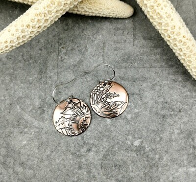 SUNFLOWER Patterned Round Circle Copper Earrings