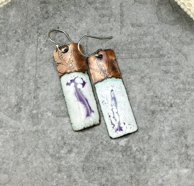 Rectangle White and Purple Enamel Earrings