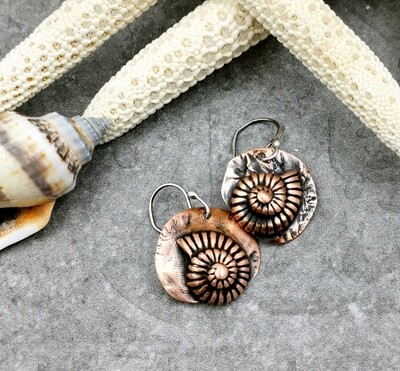 Organic Nautilus Seashell Crustacean Core Copper Earrings