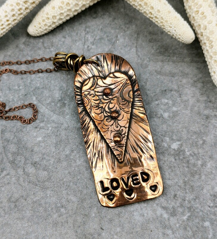 Mixed Metal Riveted Heart LOVED Copper Pendant