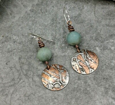 Mixed Metal Art Silver and Copper Earrings with Matte Green agate