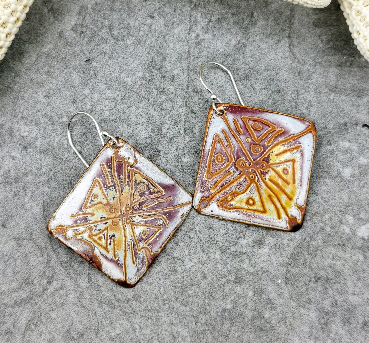 Square Enamel Earrings Sgraffito Scratch Design Enamel Earrings