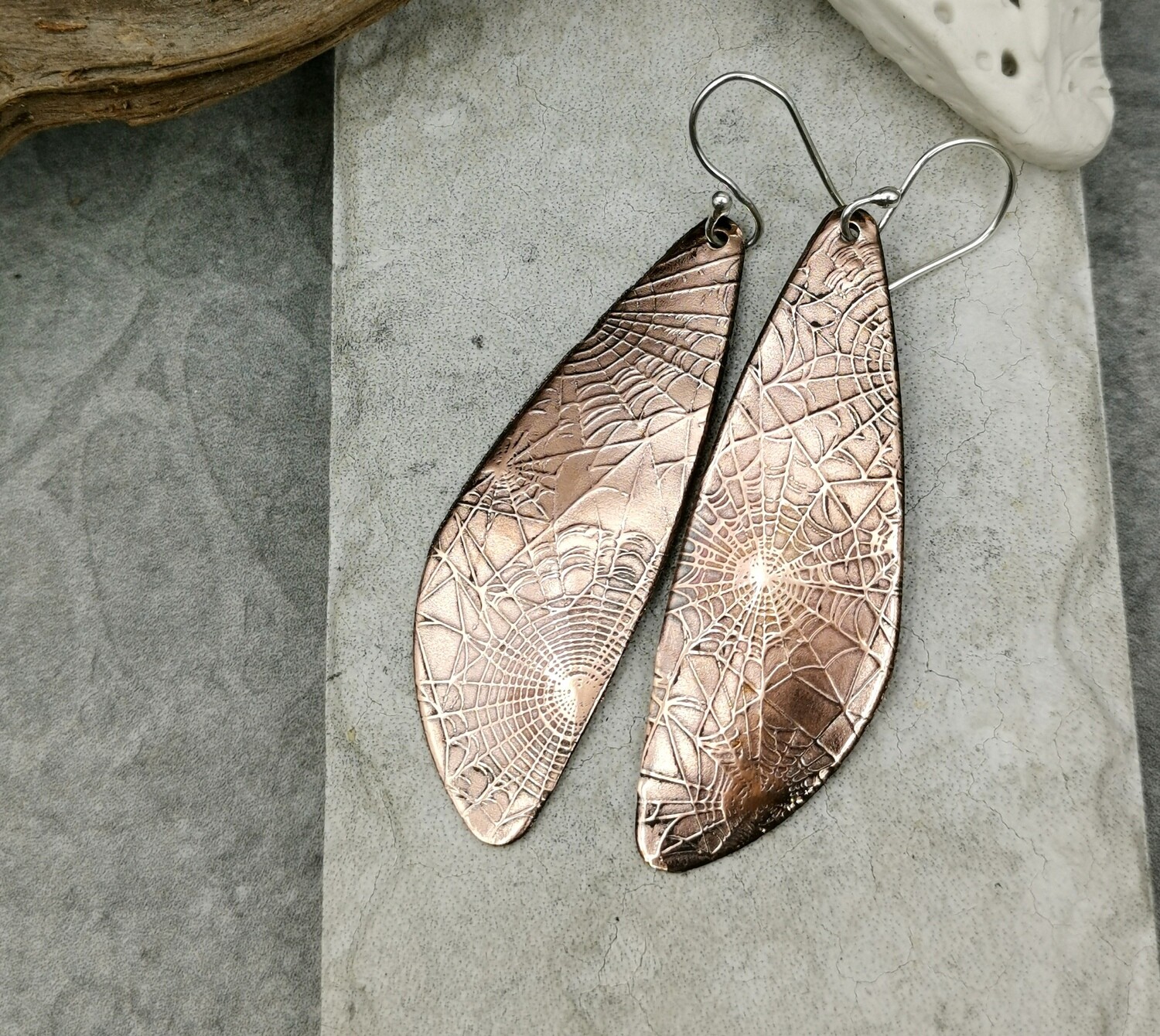 Teardrop Spider Weaver Web Patterned Copper Earrings