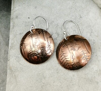Round Tree Patterned Copper Earrings Evergreen Copper Earrings