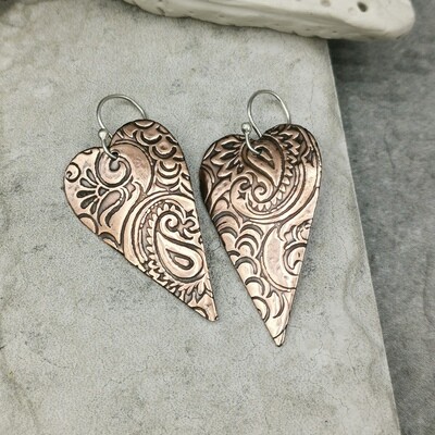 Tooled Paisley Copper Heart Earrings