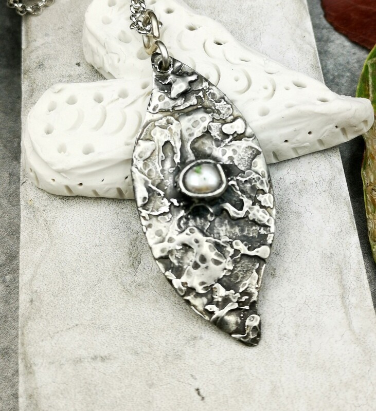 Leaf-Shaped Pendant with Soft Silver Solder and Freshwater Pearl