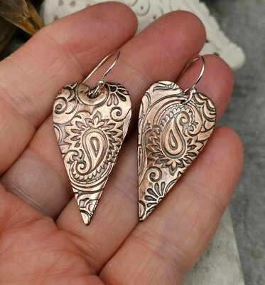 Tooled Paisley Copper Heart Earrings