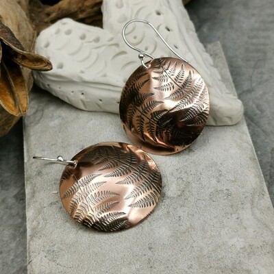 Fern Pattern Copper Earrings Round Fern Handmade Earrings