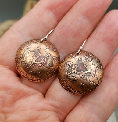 Round Copper Heart Etched Earrings Round Earrings