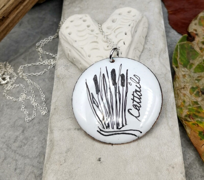 Handpainted Cattail Enameled Pendant Sterling Chain