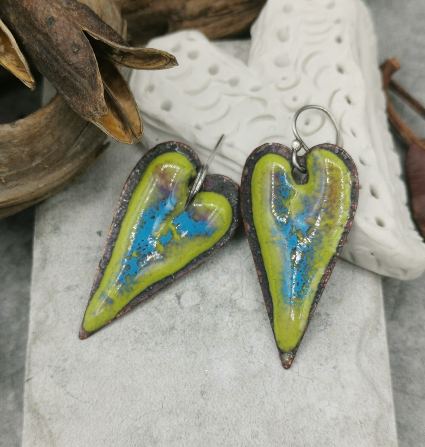 Rustic Enameled Heart Earrings Green Blue Enamel Gift for Her