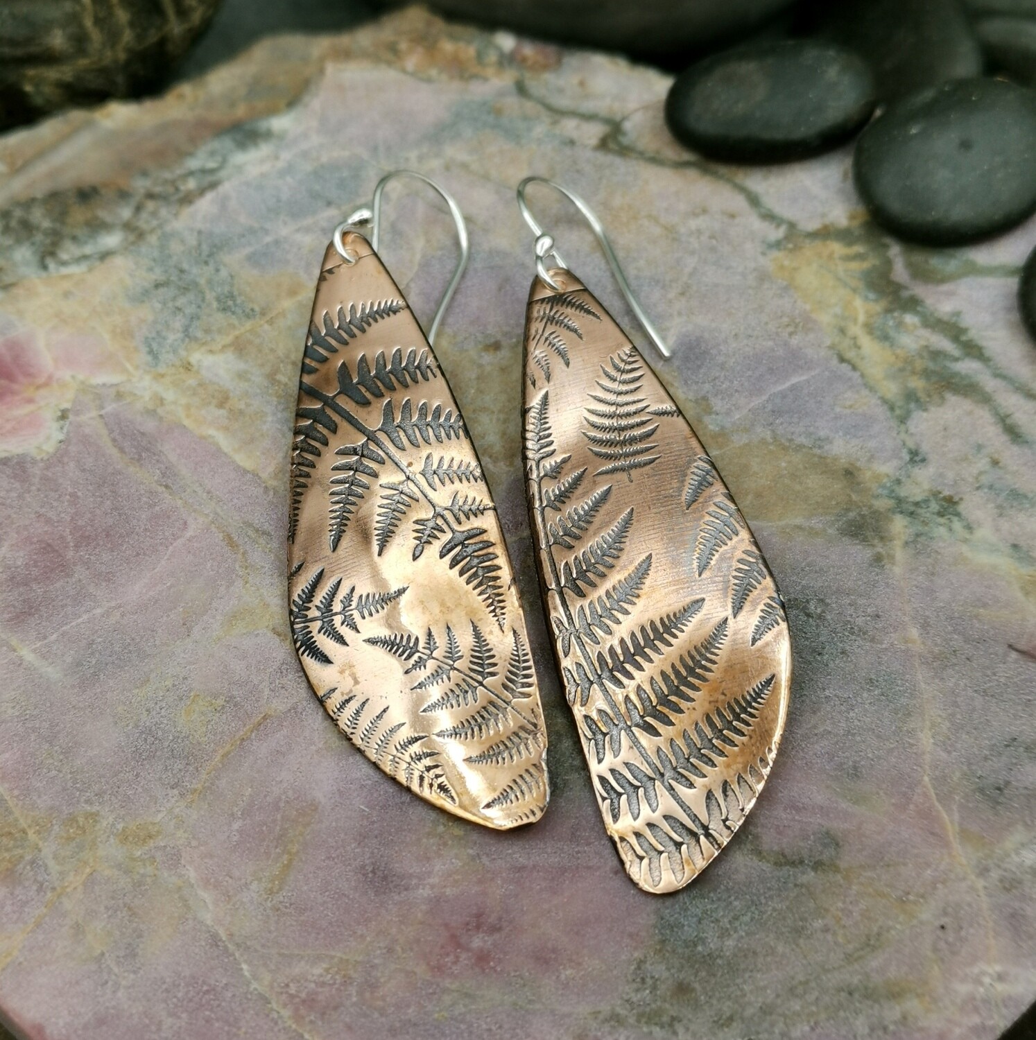 Fern Patterned Teardrop Copper Earrings