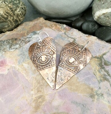 Ancient Mystique Evil Eye Textured Heart Copper Earrings