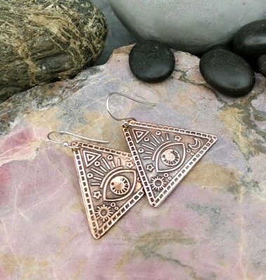 Ancient Mystique Evil Eye Triangle Copper Earrings