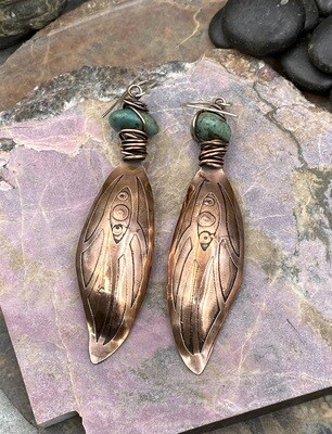Etched Copper Dragonfly Wing Earrings with Wire Wrapped Chrysocolla Stones