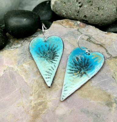 Enameled Heart Earrings Hand Painted Black Gold Fronds