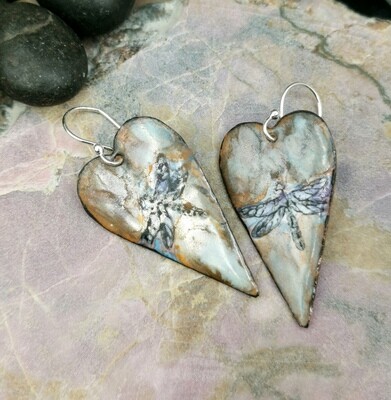 Hand-painted Enamel Dragonfly Heart Earrings Enamelled Earrings