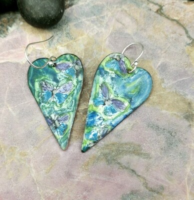 Heart Earrings Enameled Earrings Hand-Painted Butterfly Earrings
