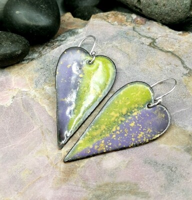 Heart Earrings Enameled Earrings Purple, Green with Gold Specks