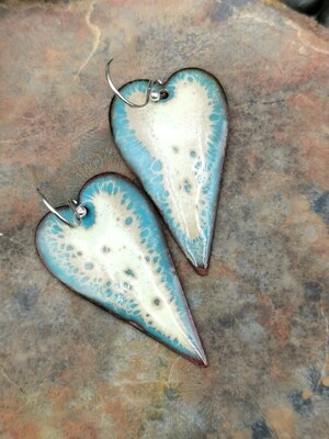 Heart Earrings Enameled Earrings Glass Blue, Tan and Cream