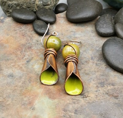 Enameled Copper Lily Earrings with Fairtrade Kazuri Beads