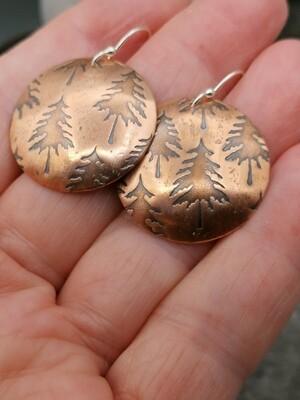 Pine Tree Patterned Copper Earrings Round Copper Earrings