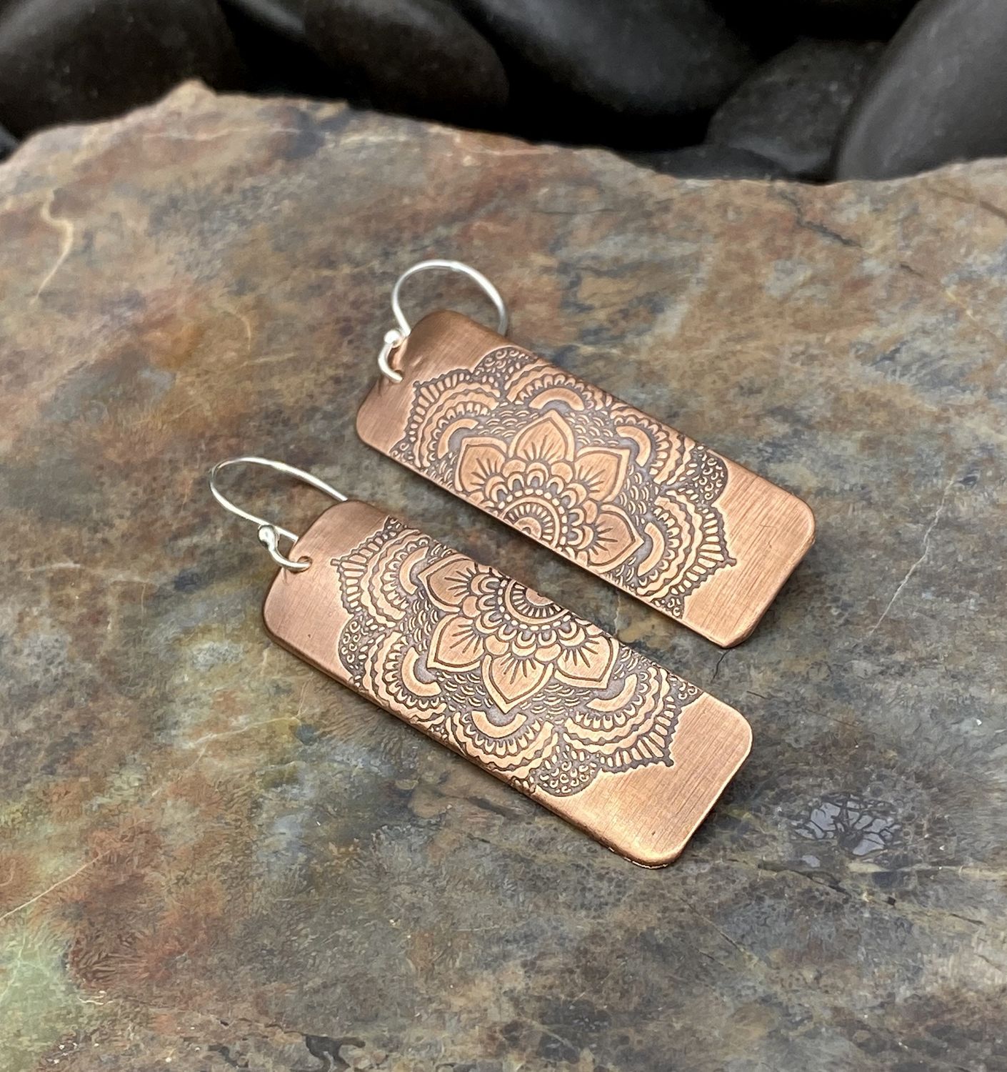 Rectangle Mandala Copper Earrings